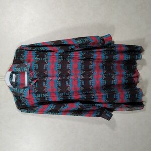 03099 Tasha Polizzi brown, turquoise & red sheer L/S native print tunic M